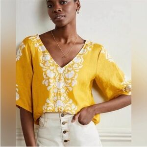 Boden Linen Wide Sleeve Top floral gold Butter Yellow, Passion Bloom T0961 US 10